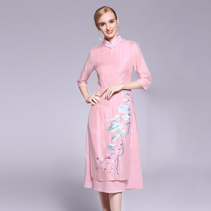 3/4 Sleeve Floral Embroidery Signature Cotton Tea Length Ao Dai Dress ...