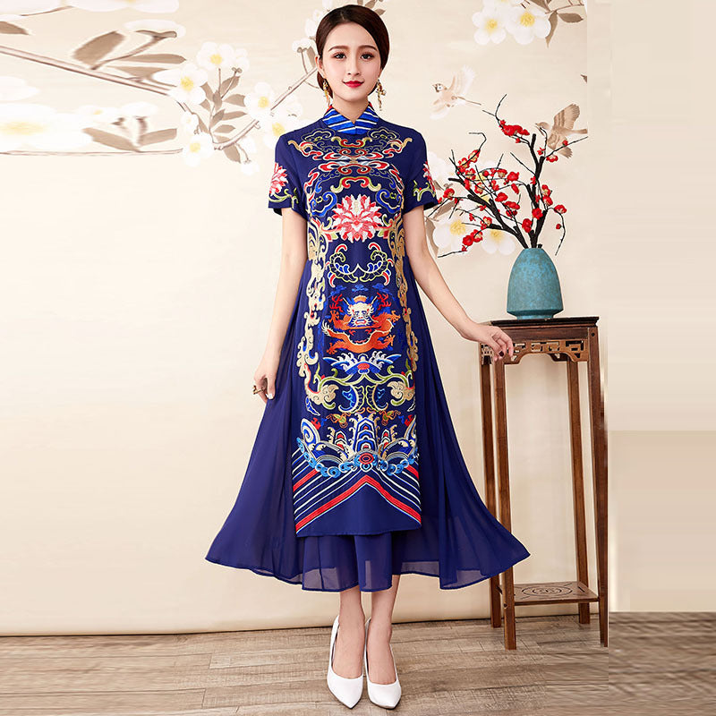 Short Sleeve Auspicious Embroidery Chiffon Tea Length Ao Dai Dress ...