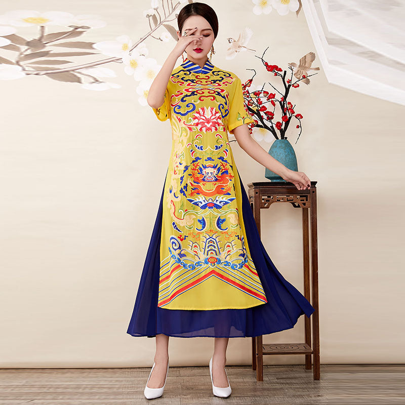 Short Sleeve Auspicious Embroidery Chiffon Tea Length Ao Dai Dress ...