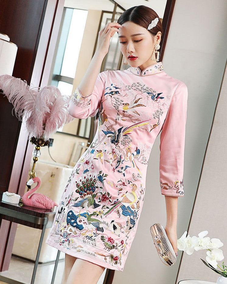 Phoenix & Floral Embroidery Modern Cheongsam Knee Length Qipao Dress ...