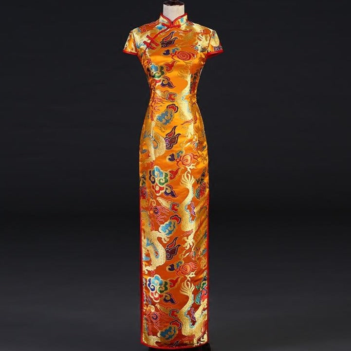Dragon & Phoenix Pattern Full Length Brocade Cheongsam Evening Dress ...