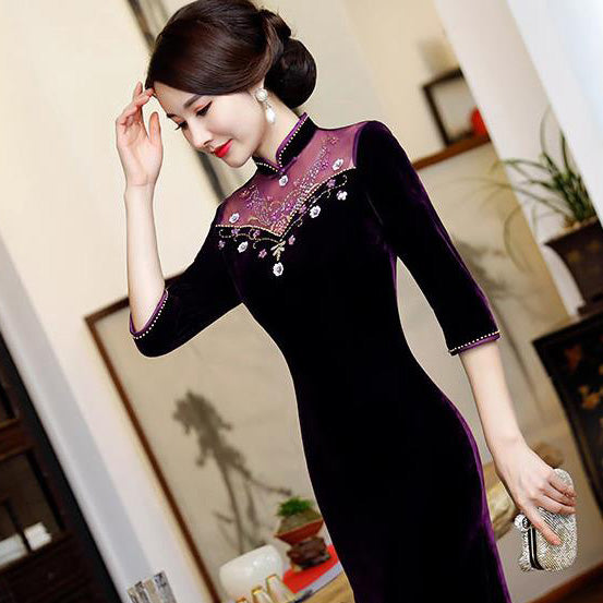 Illusion Neck Floral Sequins Velvet Cheongsam Evening Dress Idreammart 5372