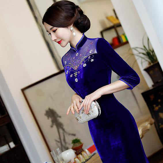 Illusion Neck Floral Sequins Velvet Cheongsam Evening Dress Idreammart 3629