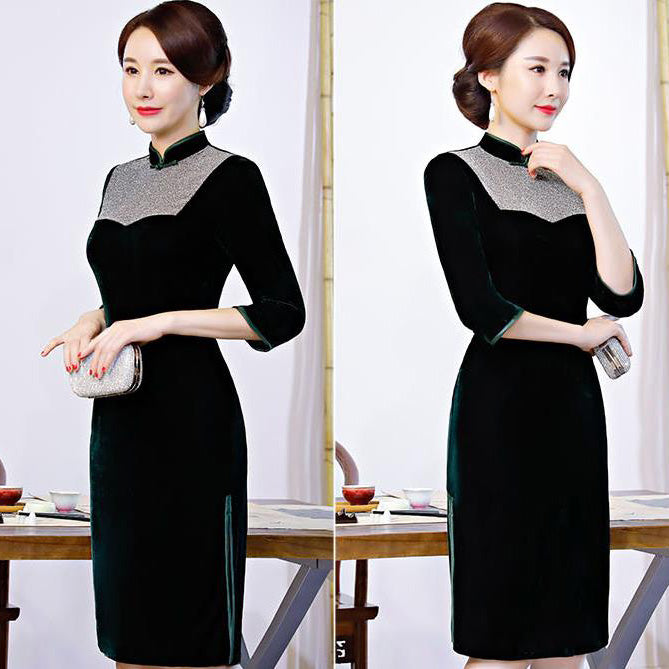 Knee Length Velvet Cheongsam Mother Dress with Sequins – IDREAMMART