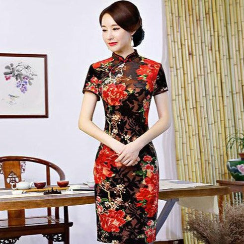 Short Sleeve Knee Length Floral Velvet Cheongsam Mother Dress – IDREAMMART