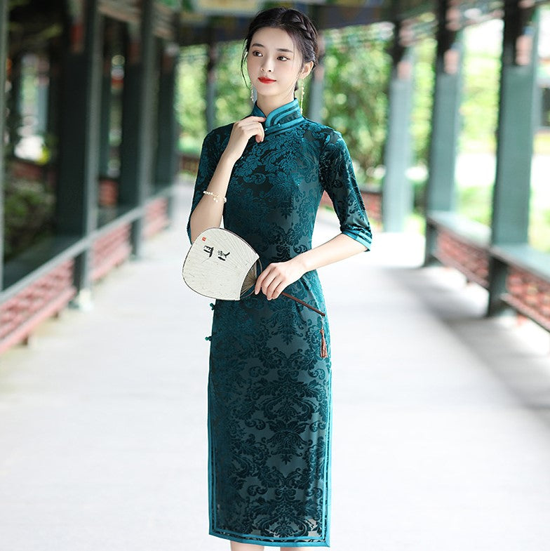 Half Sleeve Tea Length Floral Velvet Traditional Cheongsam Chinese Dre ...