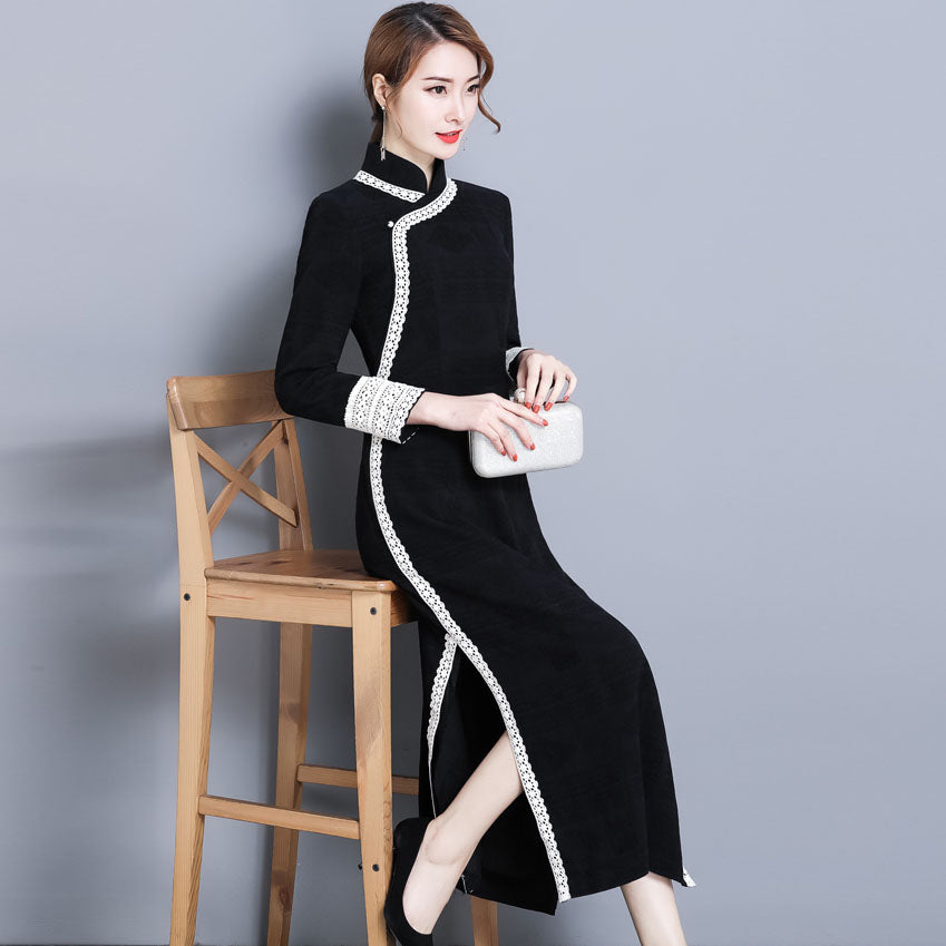 Signature Cotton Retro Cheongsam Dress with Lace Edge – IDREAMMART
