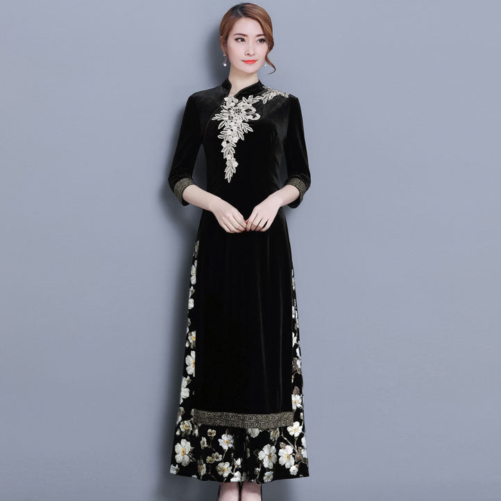 Floral Embroidery Velvet Cheongsam Top Full Length Ao Dai Dress ...