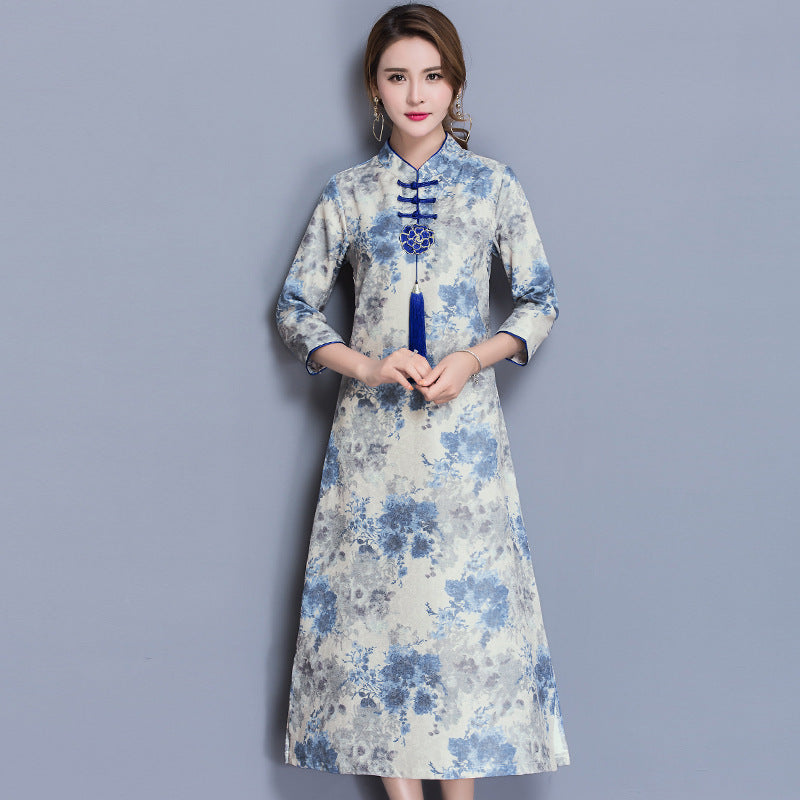 Floral Cotton Tea Length Chinese Style 