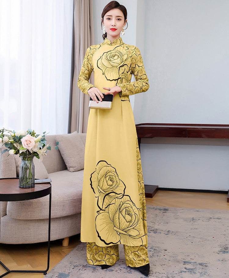 Mandarin Collar Flower Print Long Sleeve Full Length Ao Dai Dress ...