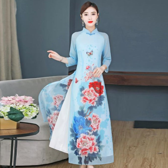 3/4 Sleeve Full Length Floral Print Chiffon Ao Dai Dress – IDREAMMART