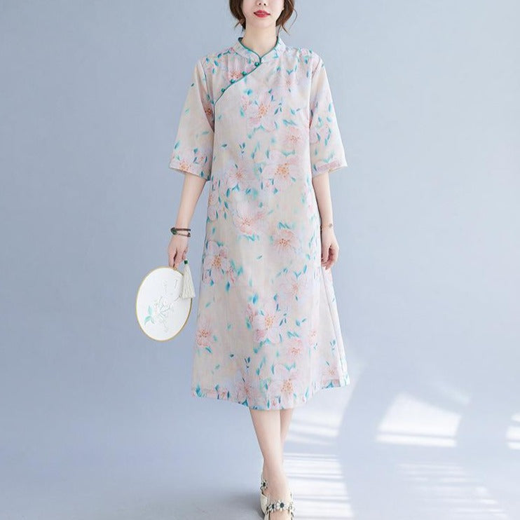 Mandarin Collar Floral Ramie Fabric Cheongsam Chinese Style Casual Dre ...