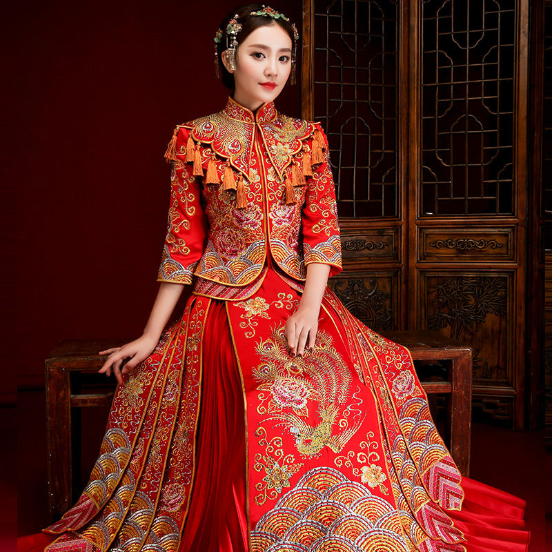 Phoenix Embroidery Pleated Skirt Traditional Chinese Wedding Suit with ...