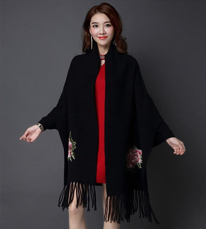 All Matched Chinese Style Floral Sweater Shawl with Tassels – IDREAMMART