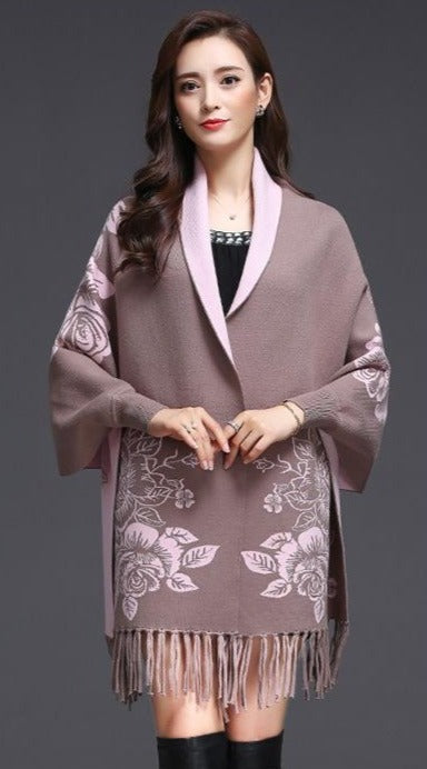 Batwing Sleeve Floral Sweater Shawl with Tassels – IDREAMMART