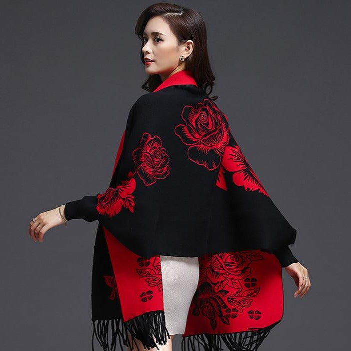 Batwing Sleeve Floral Sweater Shawl with Tassels – IDREAMMART