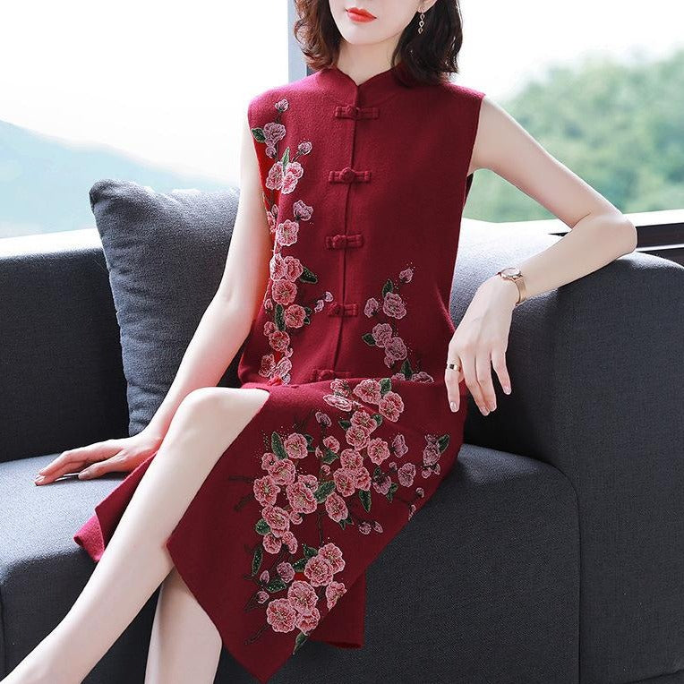Floral Embroidery Sleeveless Modern Cheongsam A-line Knit Dress ...