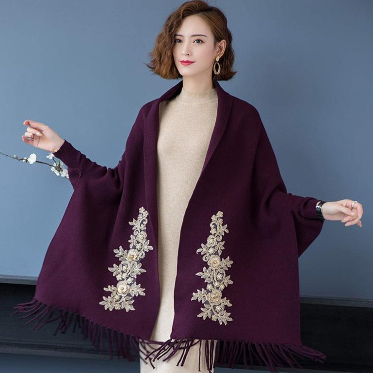 Cheongsam Matched Floral Appliques Knit Shawl Cape Jacket – IDREAMMART