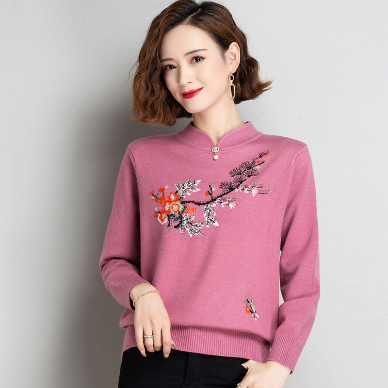 Floral Embroidery Blouse Chinese Style Knit Shirt – IDREAMMART