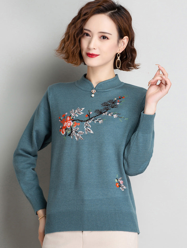 Floral Embroidery Blouse Chinese Style Knit Shirt – IDREAMMART