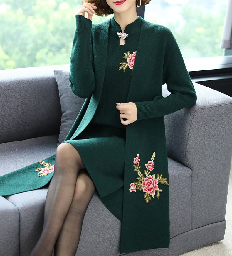 Floral Embroidery Chinese Style Knit Cheongsam & Coat Two-piece