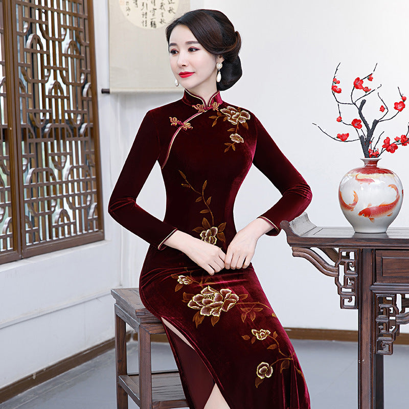 Long Sleeve Floral Velvet Cheongsam Chinese Style Mother Dress – IDREAMMART