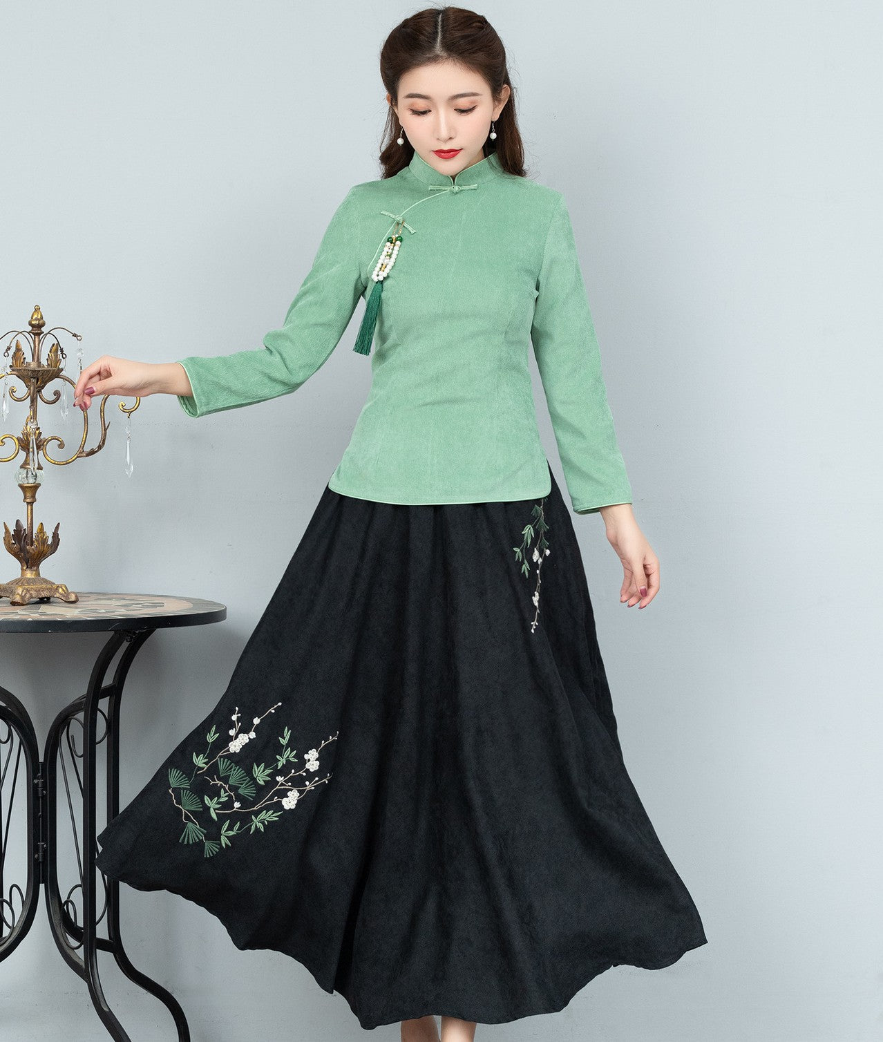 All Matched Floral Embroidery Traditional Chinese Style Skirt – IDREAMMART