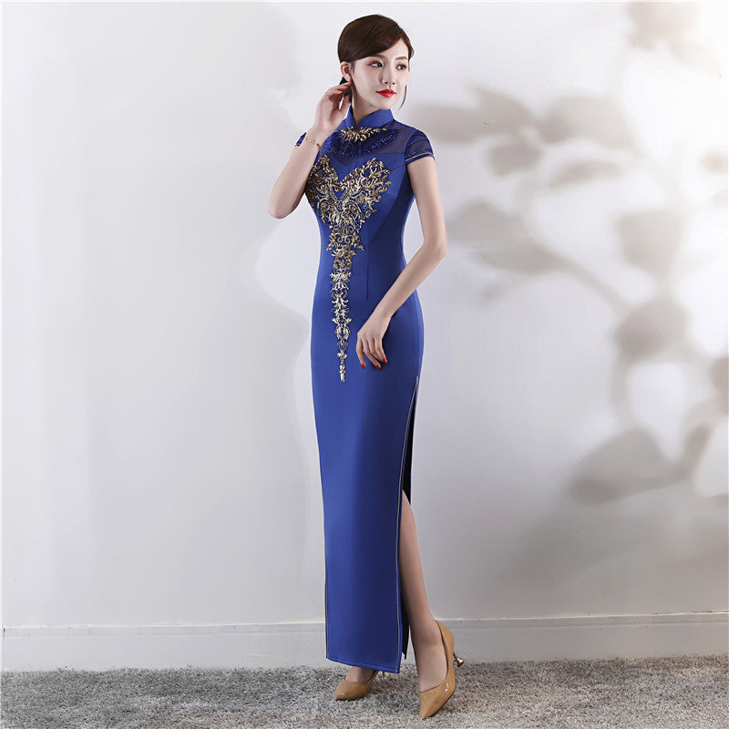Illusion Neck Satin Cheongsam Evening Dress with Embroidery Appliques ...