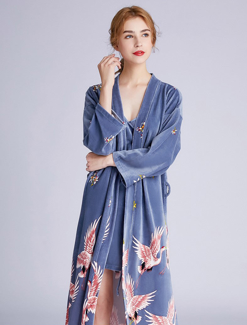 Crane Pattern Velvet Sleepwear Pyjamas Slip Dress Suit – IDREAMMART