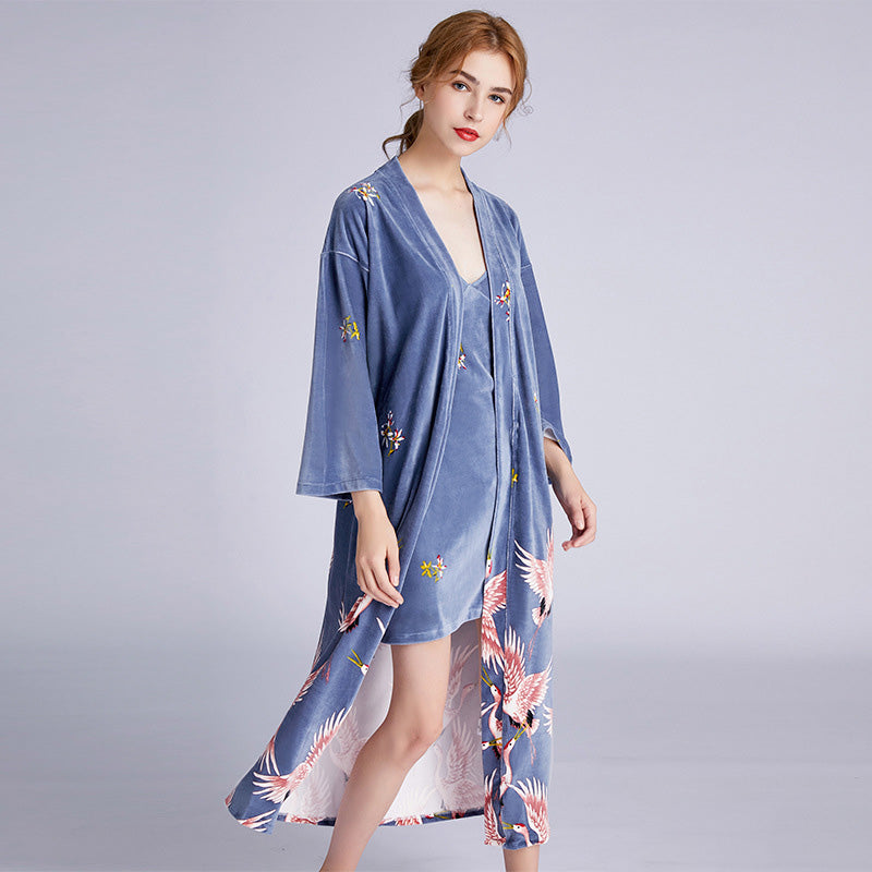 Crane Pattern Velvet Sleepwear Pyjamas Slip Dress Suit – IDREAMMART