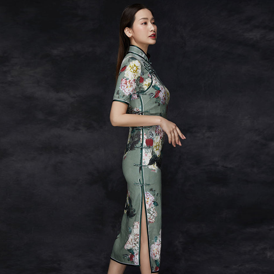 Classic Signature Cotton Cheongsam Tea Length Floral Chinese Dress ...