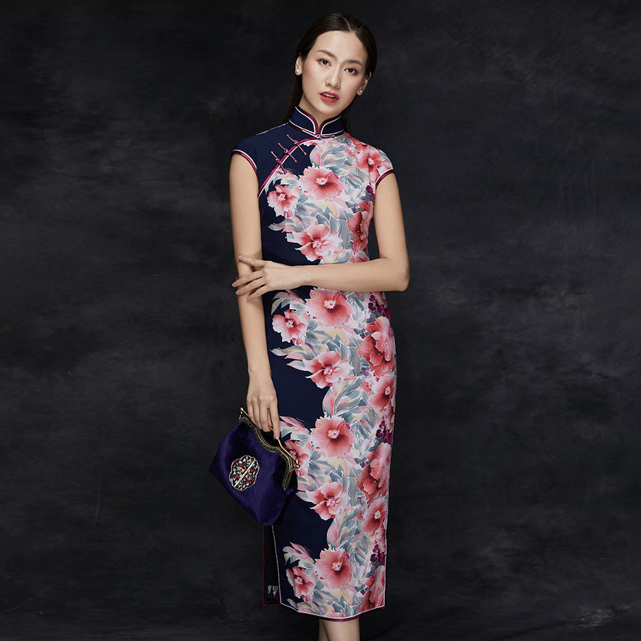 Cap Sleeve Stretch Silk Floral Cheongsam  Traditional Qipao 