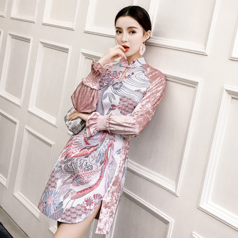 Long Ruffle Sleeve Knee Length Modern  Cheongsam  Chinese 