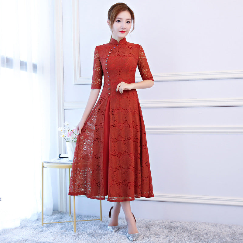 Half Sleeve Cheongsam Top Floral Lace Ao Dai Dress – IDREAMMART