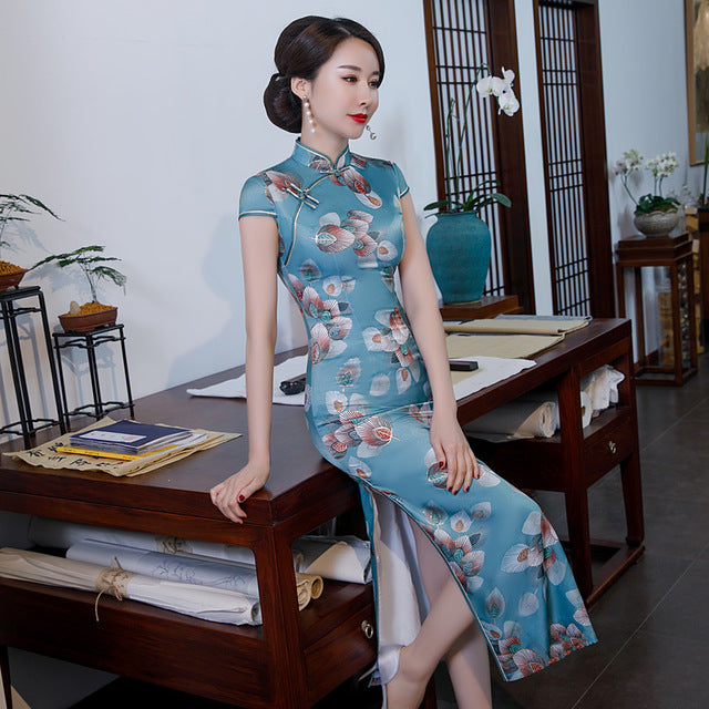 Cap Sleeve Silk Blend Traditional Cheongsam Bodycon Floral Chinese Dre ...