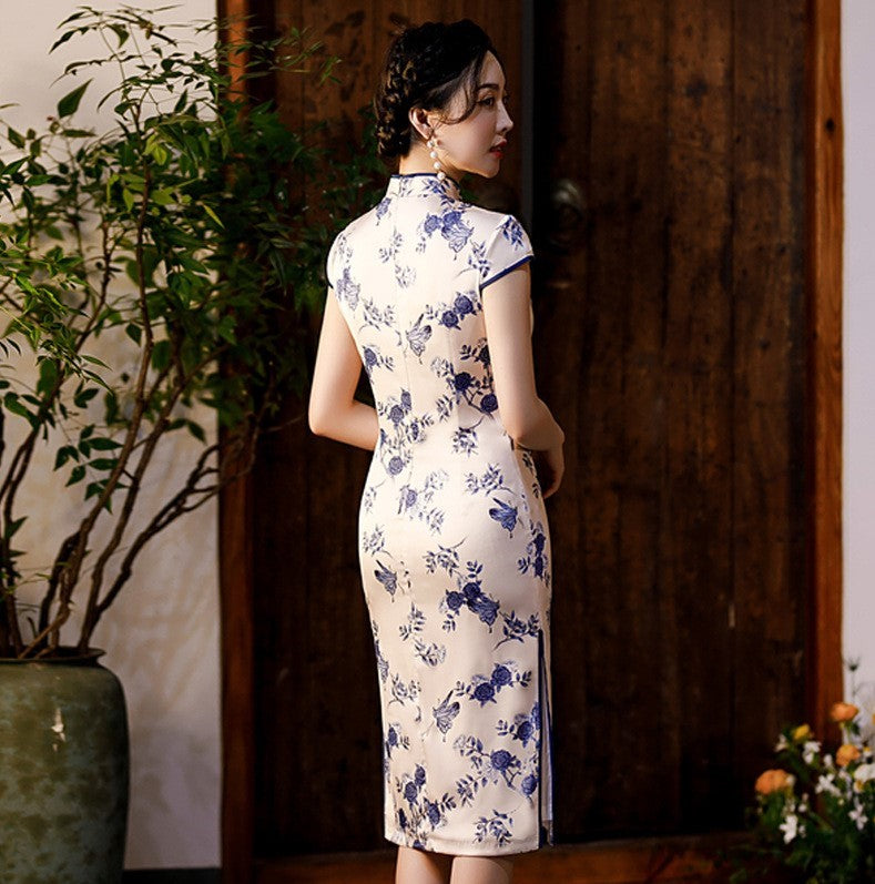 Cap Sleeve Traditional Cheongsam Knee-Length Floral Chinese Dress ...