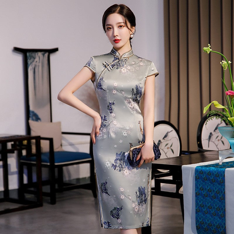 Cap Sleeve Traditional Cheongsam Knee Length Floral Chinese Dress ...