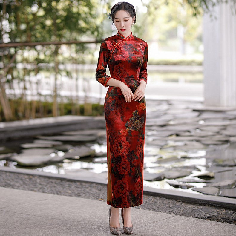 3/4 Sleeve Full Length Traditional Cheongsam Floral Velvet Chinese Dre ...