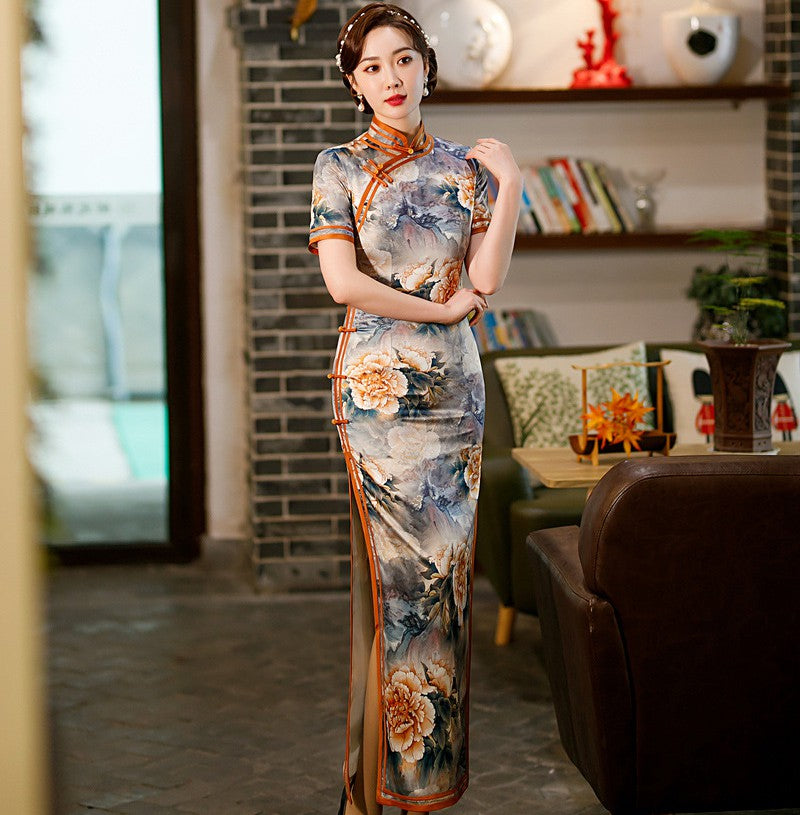 Short Sleeve Full Length Traditional Cheongsam Floral Retro Chinese Dr ...