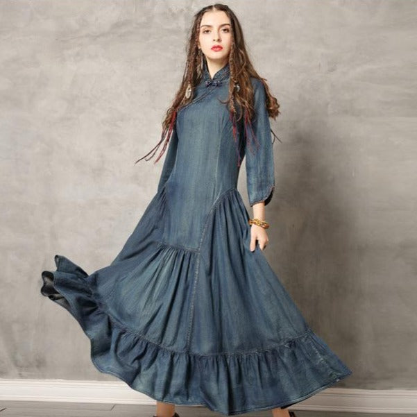 3/4 Sleeve Cheongsam Top Retro Chinese Style Jean Dress – IDREAMMART