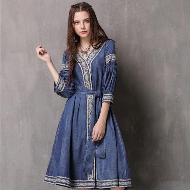 3/4 Sleeve V Neck Floral Embroidery Chinese Style Jean Dress – IDREAMMART
