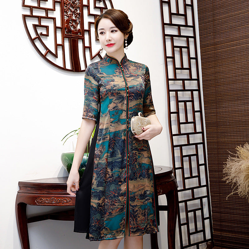 Half Sleeve Cheongsam Top Knee Length Floral Silk Ao Dai Dress – IDREAMMART