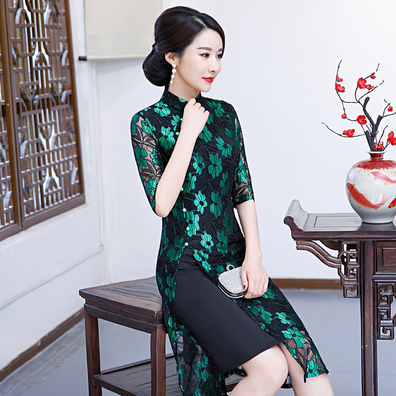 Half Sleeve Cheongsam Top Knee Length Floral Lace Ao Dai Dress – IDREAMMART