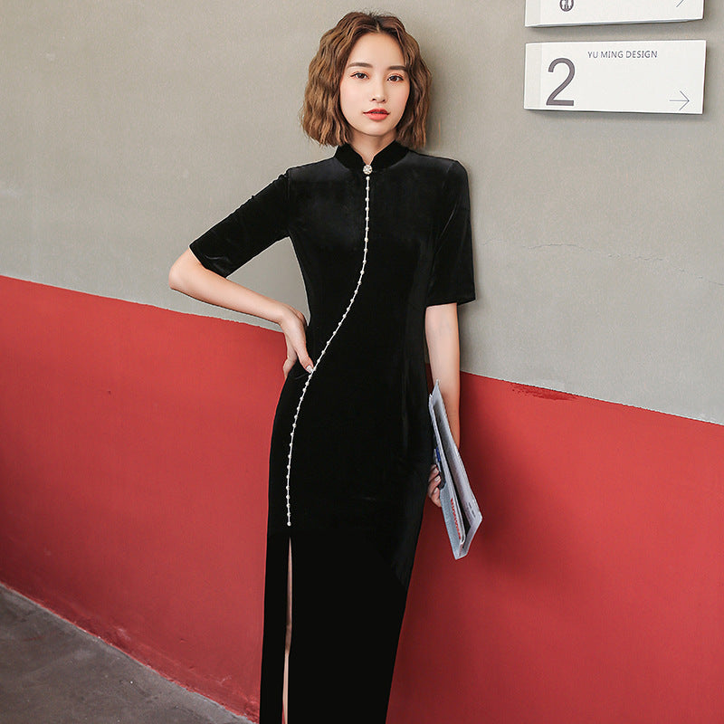 Full Length Velvet Modern Cheongsam Fashion Qipao Day Dress – IDREAMMART