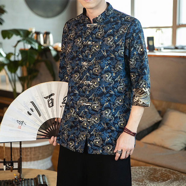 Long Sleeve Dragon Pattern Signature Cotton Chinese Shirt – IDREAMMART