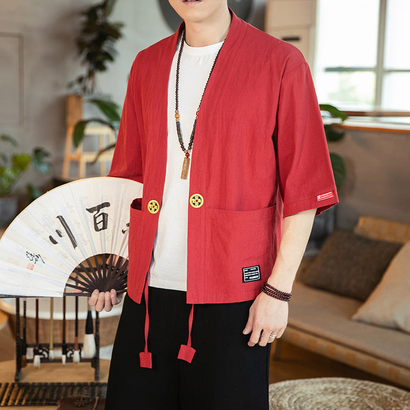 Men's Cardigan Kimono Shirt Samurai Costume with Ancient Coin Button ...