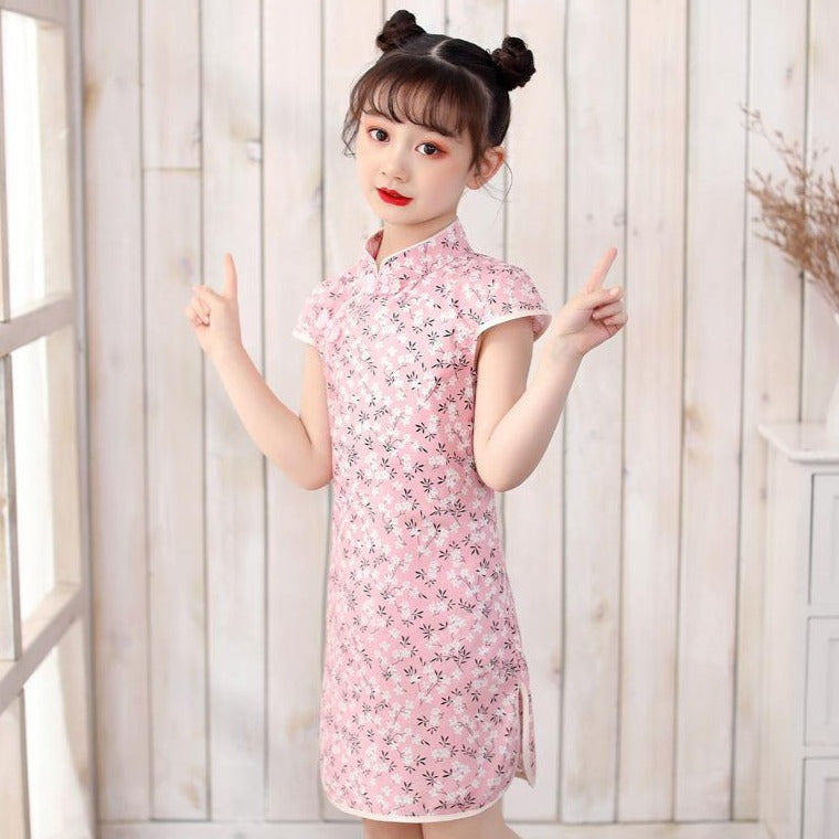 Mandarin Collar Cap Sleeve Girl's Cheongsam Mini Floral Chinese Dress ...