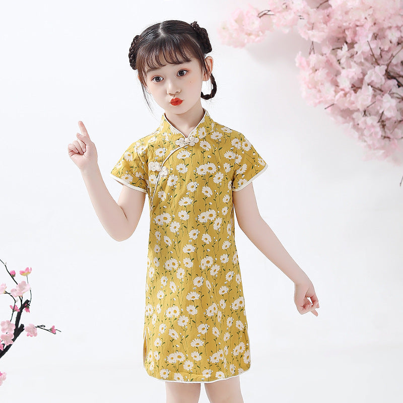 Mandarin Collar Cap Sleeve Girl's Cheongsam Mini Floral Chinese Dress ...