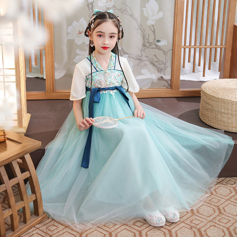 Half Sleeve Floral Embroidery Girl's Han Chinese Costume Princess Dres ...