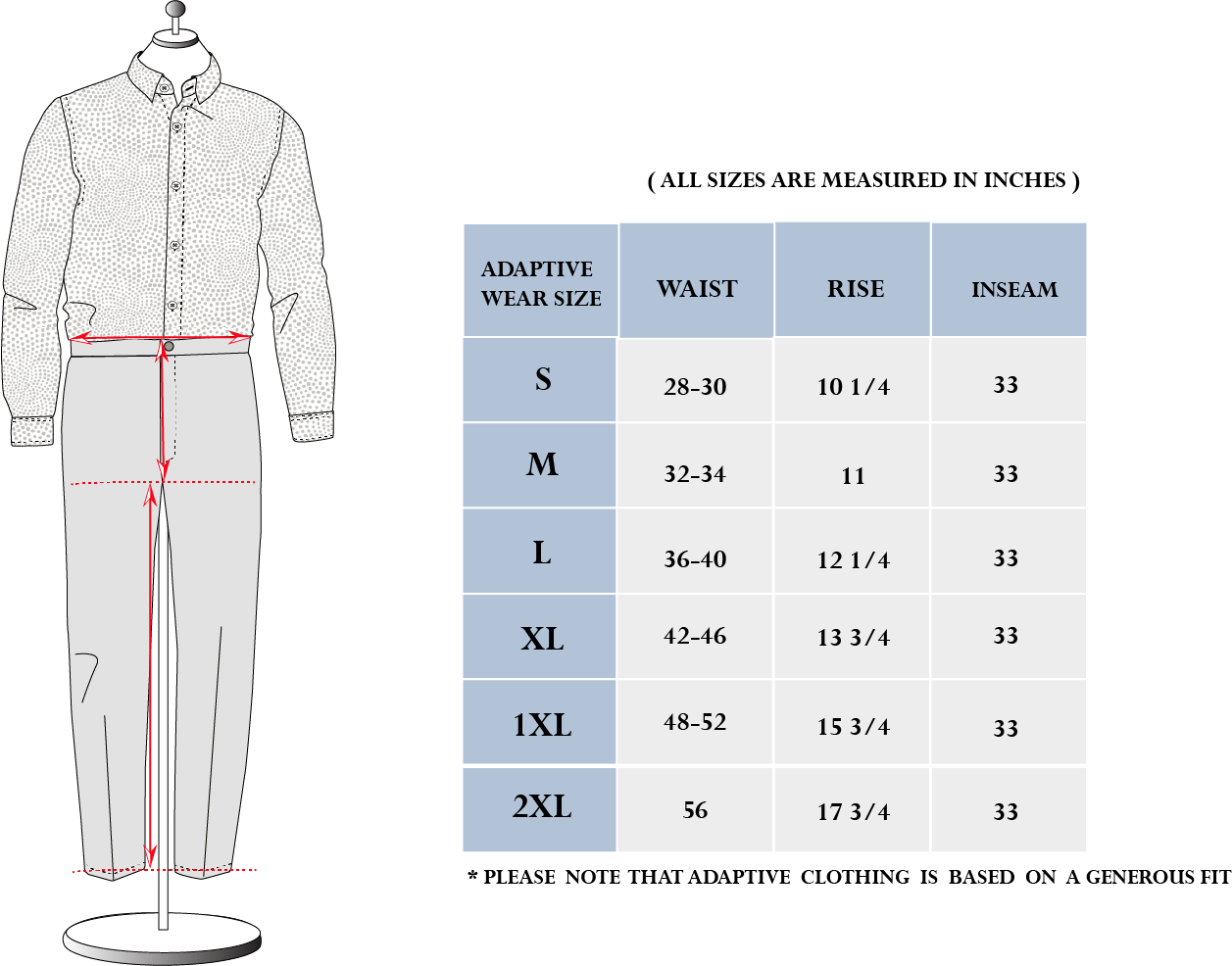 Measuring Men's Pants Size Charts